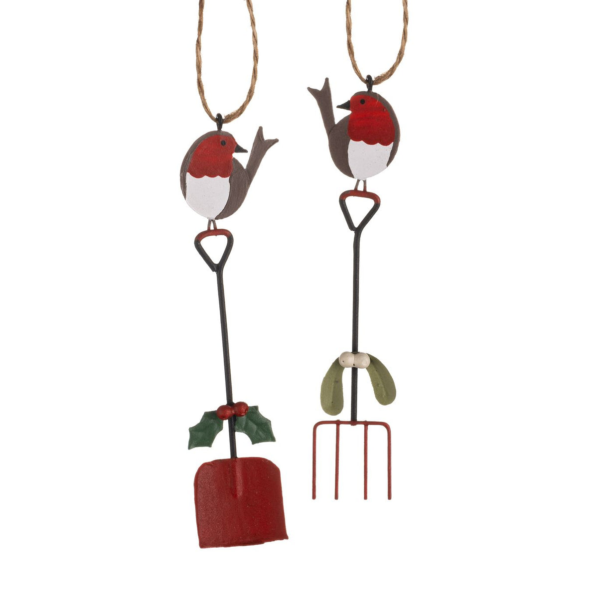 Pair of Robins on Garden Fork and Spade Hanging Ornament - WowCornwall