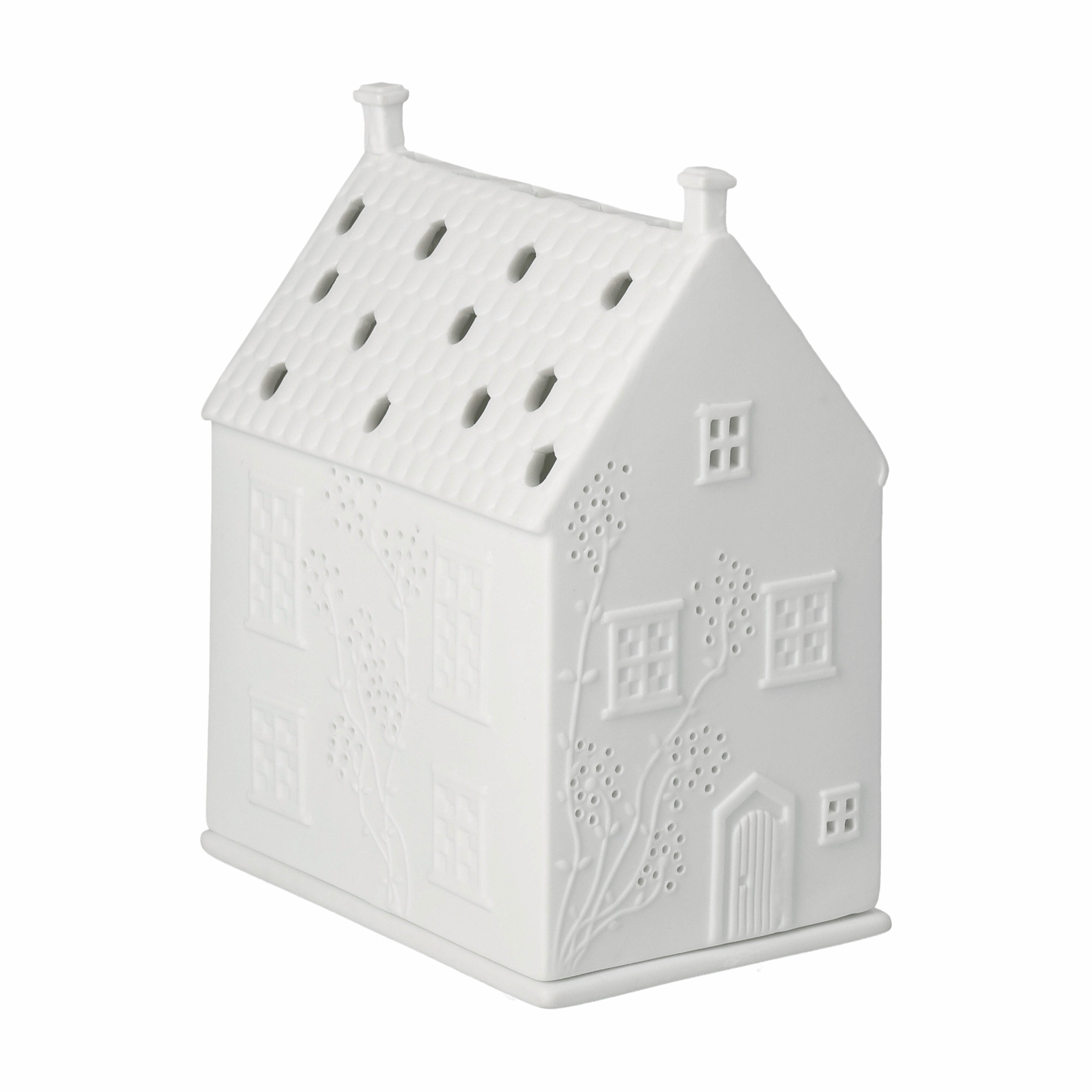 White ceramic house-shaped lantern on a white background
