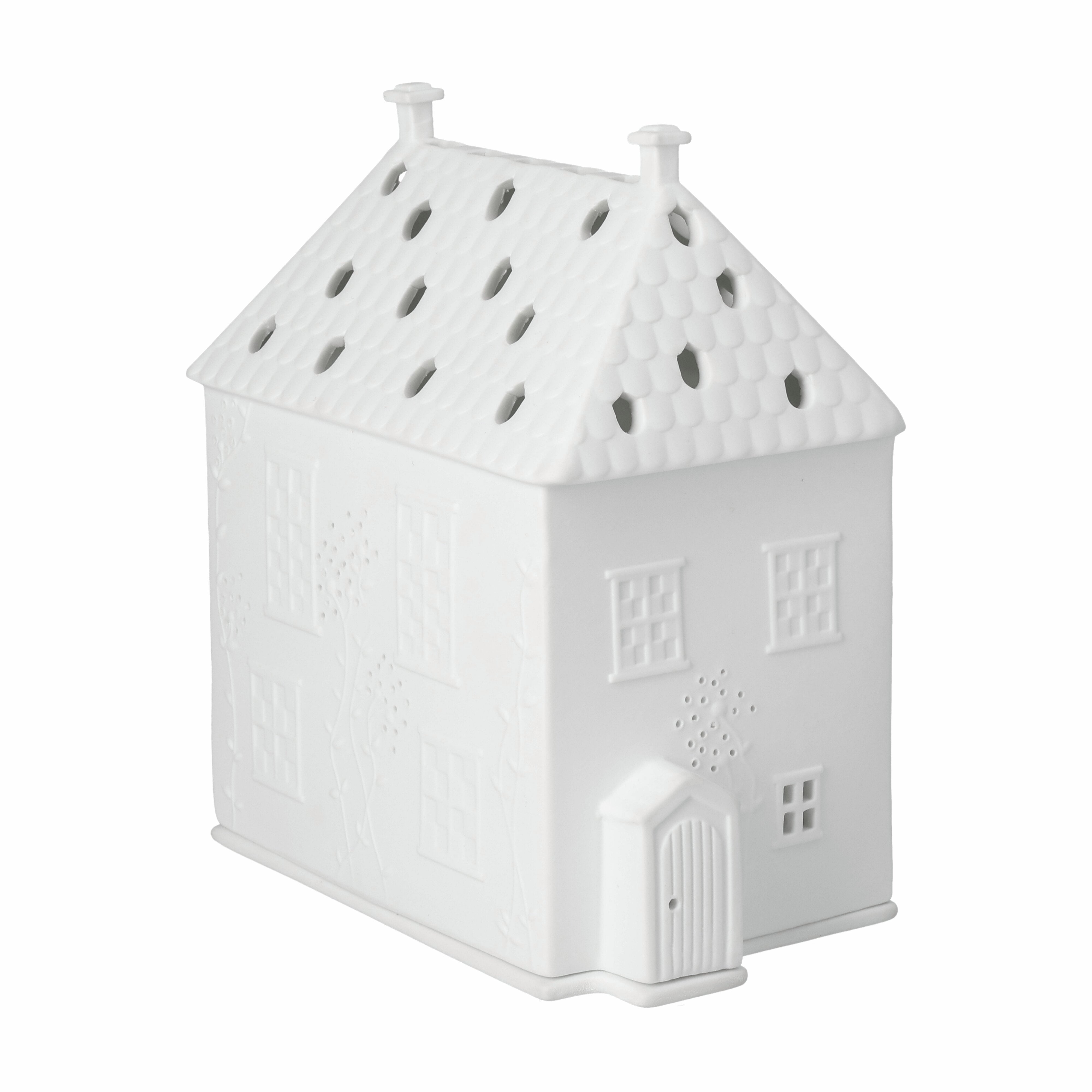 White house-shaped decorative item on a white background