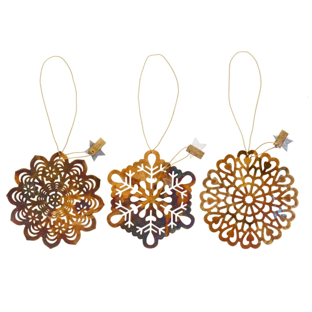 Brass Snow Crystals Hanging Ornaments x 3 - WowCornwall