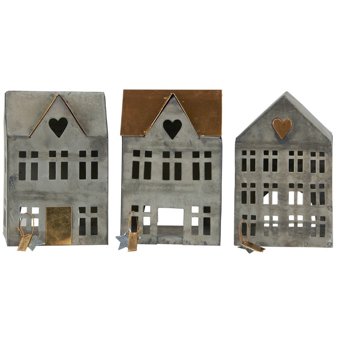 Set of 3 Assorted Metal House Tealight Holders - Each - WowCornwall