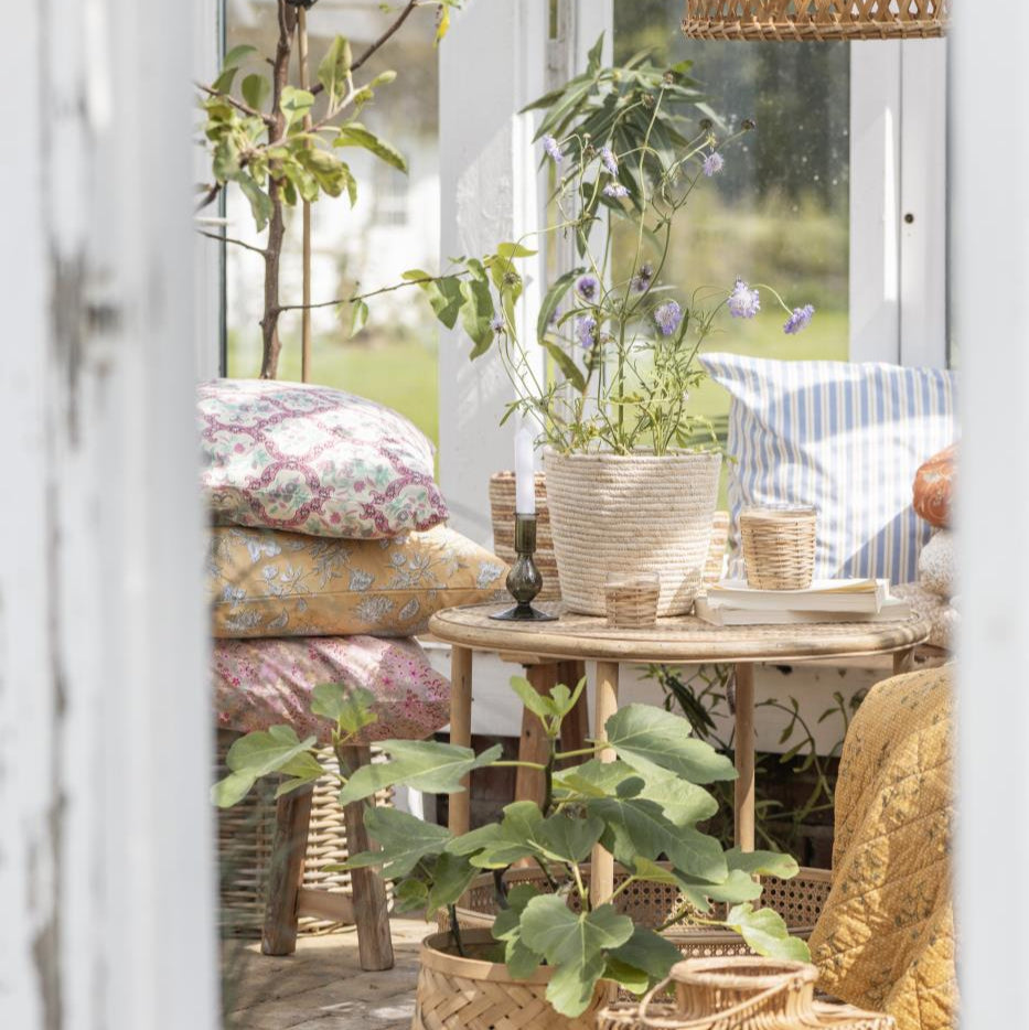 Anja Cream And Green Flower Pattern Cushion - WowCornwall