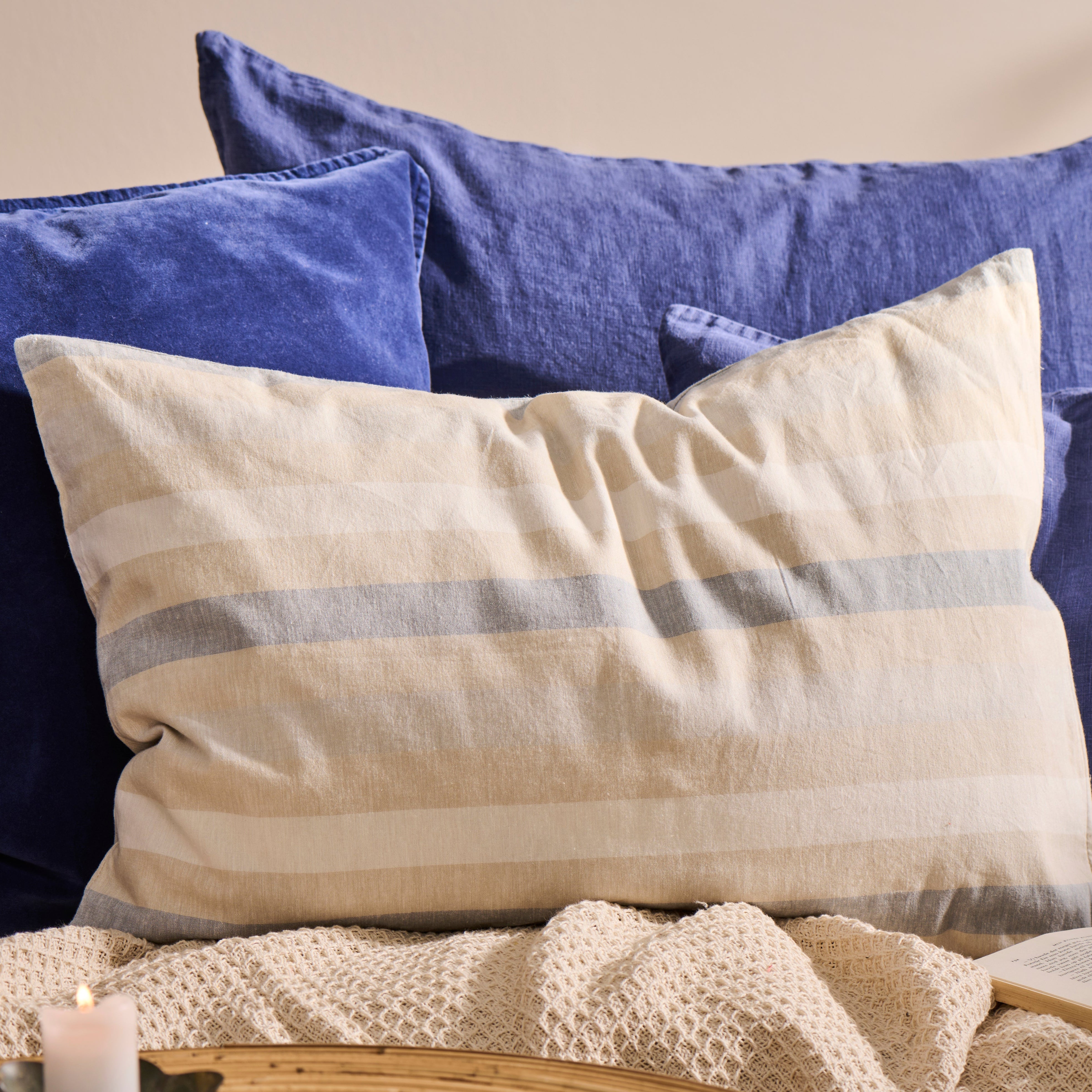 Rectangle Natural Warm White And Light Blue Stripes - WowCornwall