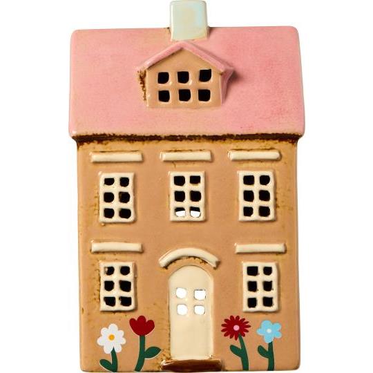 Ceramic House Tealight Nyhavn - flowers and light pink roof - WowCornwall