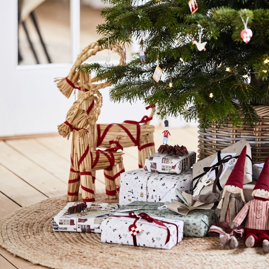 Large Christmas Goat with Red Ribbon - WowCornwall