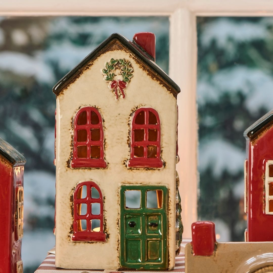 Christmas House Tealight Holder with Green Door - WowCornwall