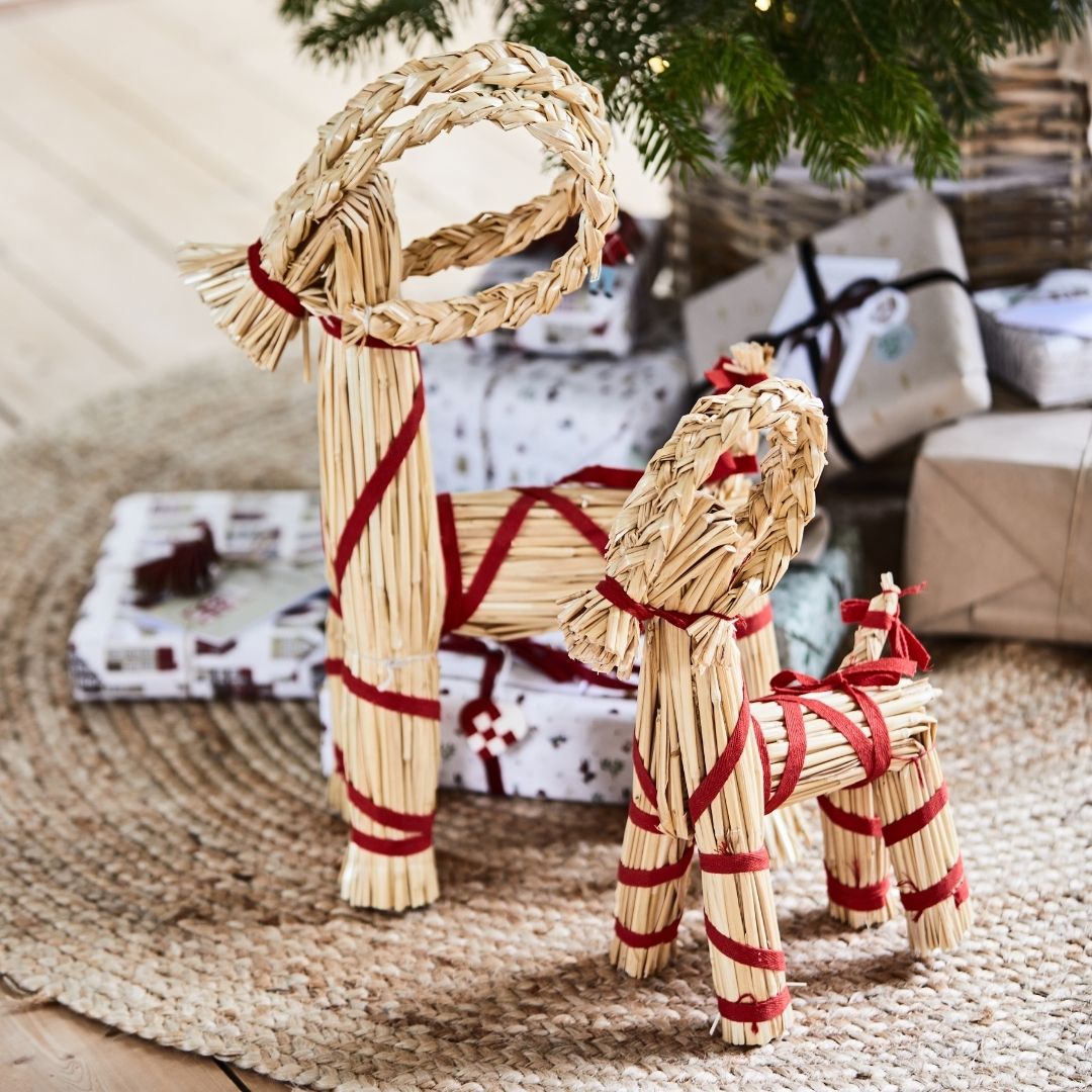 Large Christmas Goat with Red Ribbon - WowCornwall
