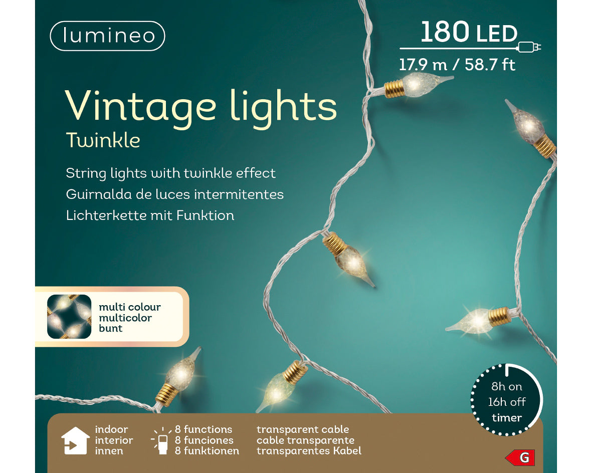LED vintage indoor twinkle lights, 180 LEDs in 8 functions - multi - WowCornwall
