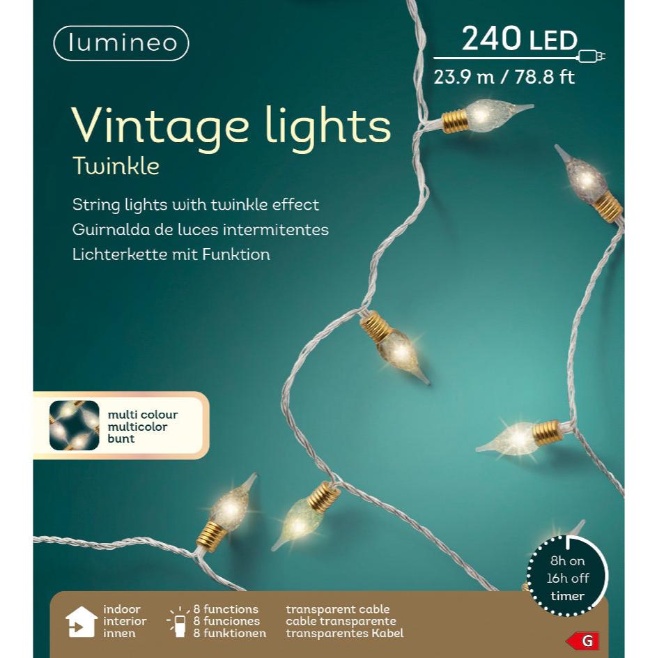 LED vintage indoor twinkle lights, 240 LED's with 8 functions - multi - WowCornwall