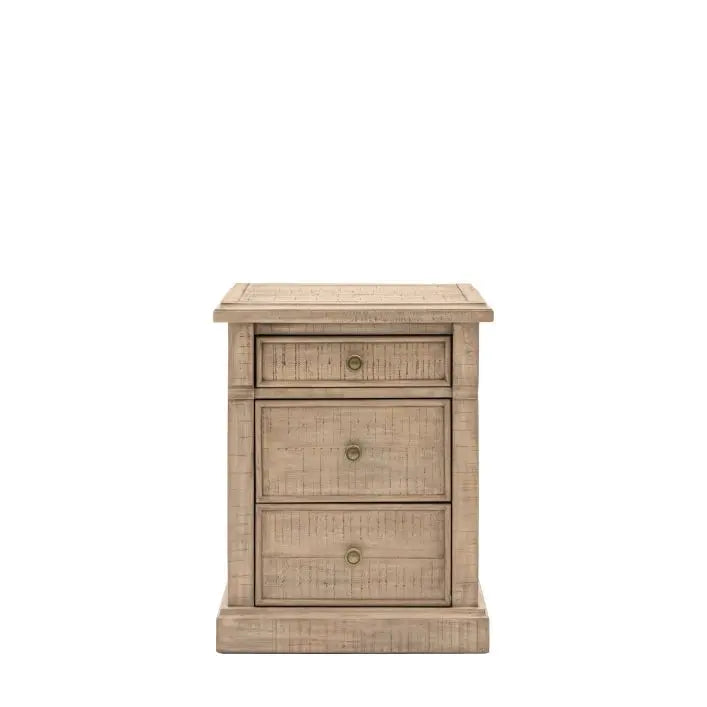 Vancouver 3 Drawer Bedside 520x450x650mm in a natural wood finish, featuring three drawers with round metal handles.