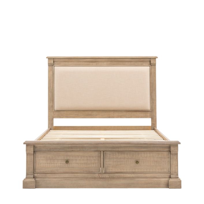 Vancouver 5' Bed in light wood finish with an upholstered headboard and built-in storage drawers, dimensions 2240x1500x1670mm.