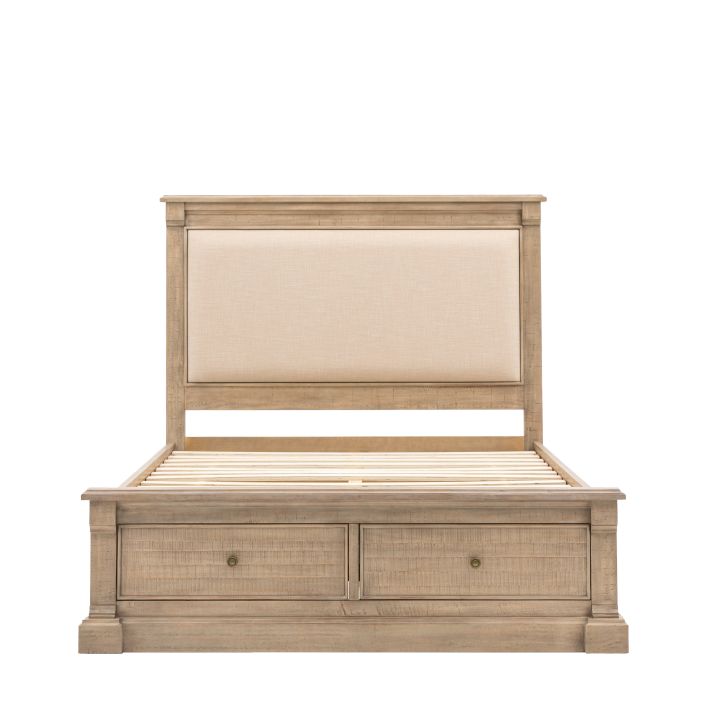 Vancouver 6' Bed with a wooden frame, upholstered headboard, and two built-in drawers for storage. Dimensions: 2240x1970x1500mm.