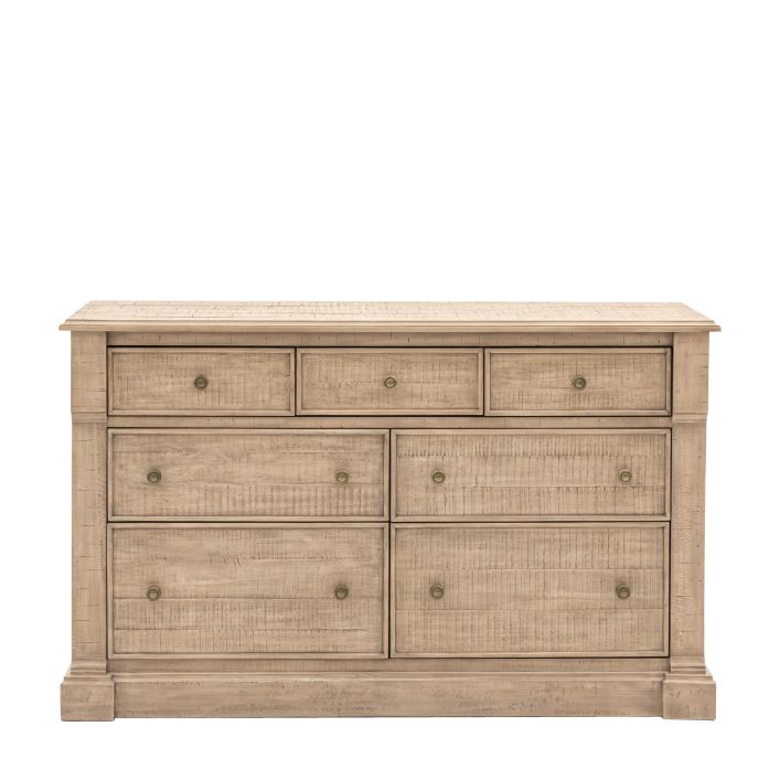 Vancouver 7 Drawer Chest 1500x485x910mm in light wood finish, featuring three smaller drawers on top and four larger drawers below.