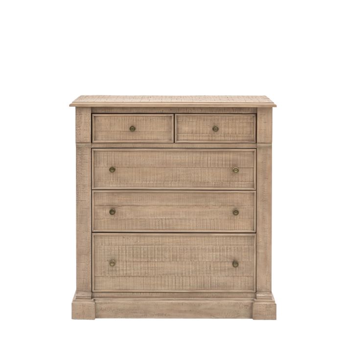 Vancouver 5 Drawer Chest, wood finish, dimensions 1130x485x1070mm, featuring two smaller top drawers and three larger bottom drawers.