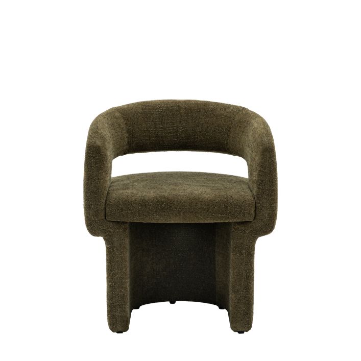 Sloane Dining Chair in green/grey boucle upholstery, featuring a curved backrest and modern design, dimensions 640x600x760mm.