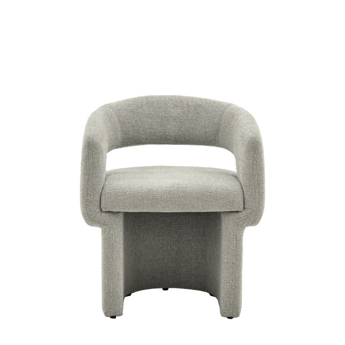 Sloane Dining Chair in green/grey boucle fabric, featuring a modern curved design; dimensions 640x600x760mm.