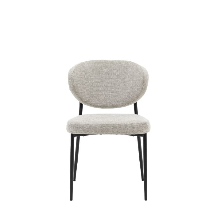 Oppo Dining Chair in light grey fabric with black metal legs, featuring a rounded backrest and cushioned seat, sold in 2-pack.