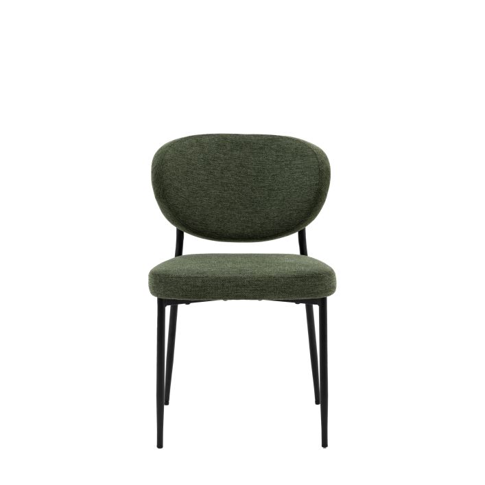 Front view of an Oppo Dining Chair in green with a padded seat and backrest, black metal legs; part of a 2-pack, three color options.