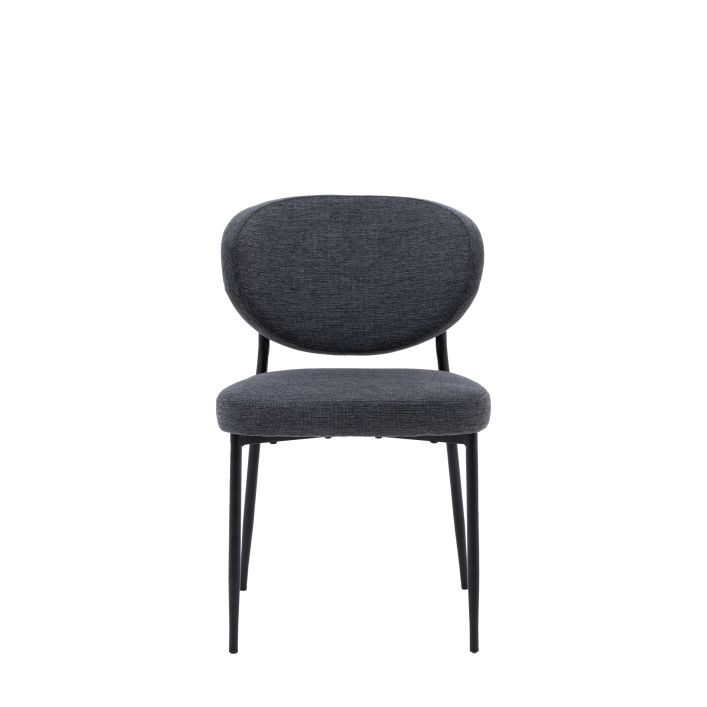Front view of the Oppo Dining Chair in dark grey with a cushioned seat and backrest, featuring sleek black metal legs.