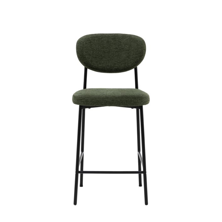 Green Oppo Stool with cushioned seat and backrest, supported by a black metal frame. Part of the 2-pack set in three colors.