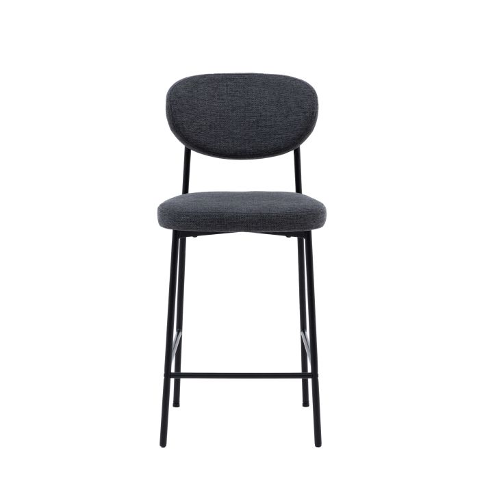 Front view of the Oppo Stool in dark grey with a padded seat and backrest, supported by sleek black metal legs.