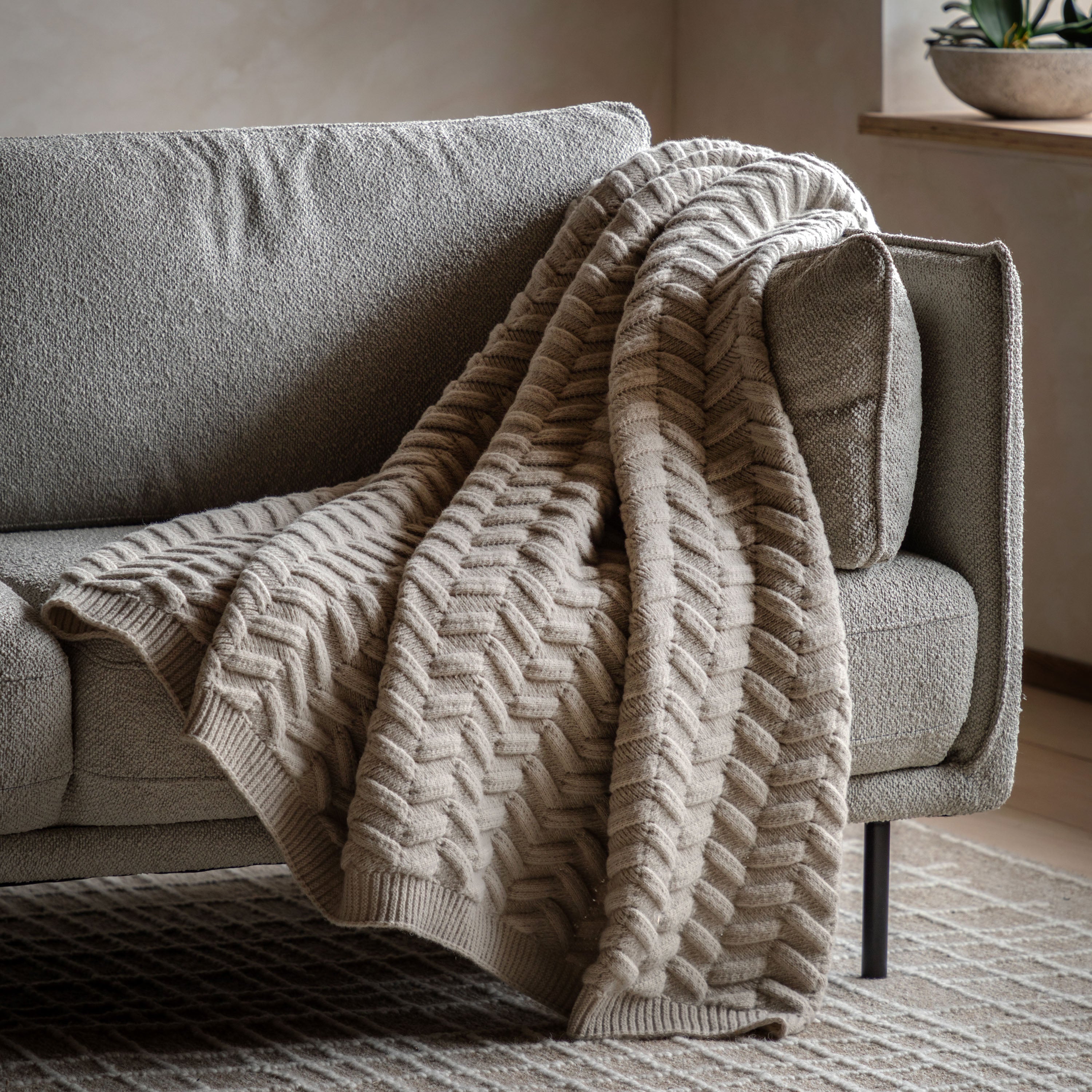 Herringbone Woven Throw Natural - WowCornwall