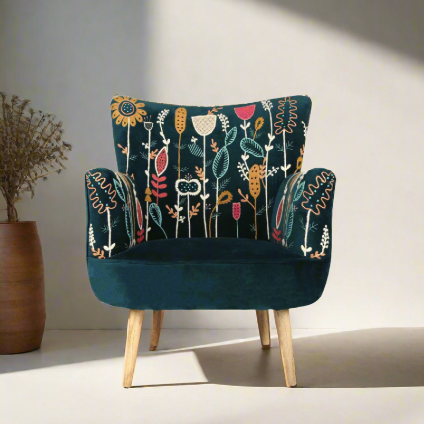 Decorative armchair with floral pattern on a neutral background