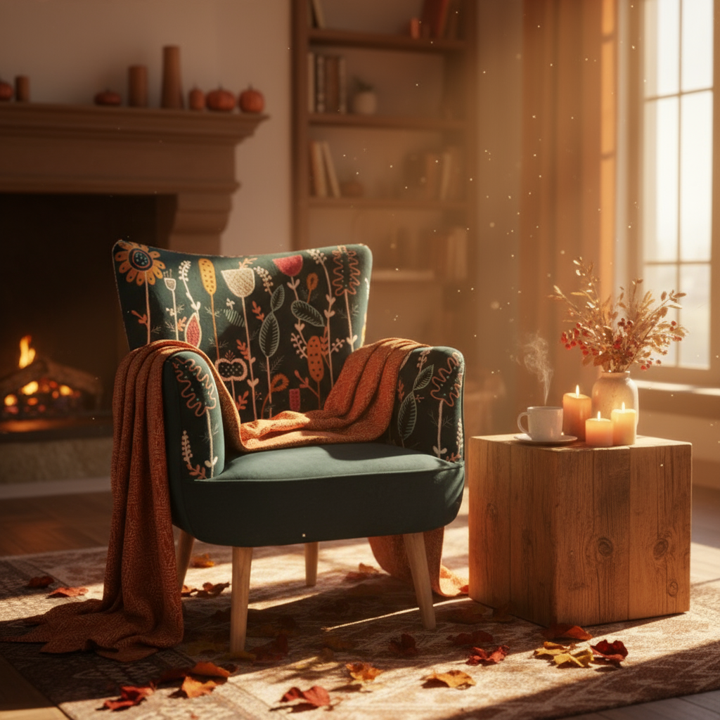Cozy living room with a floral armchair, wooden table with candles, and fireplace.