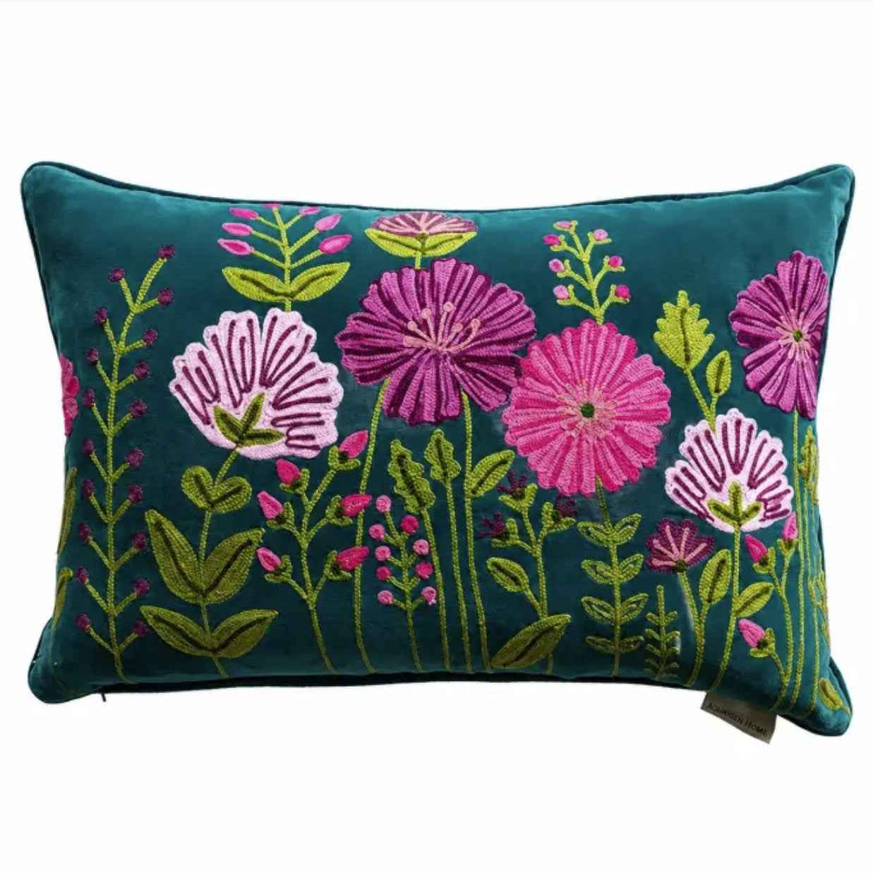 Arbour Velvet Embroidered Cushion Teal