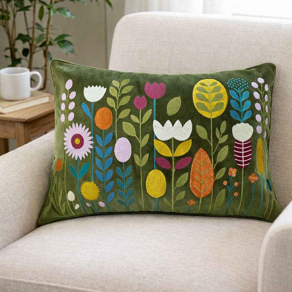 Midsummer Embroidered Cushion in Moss