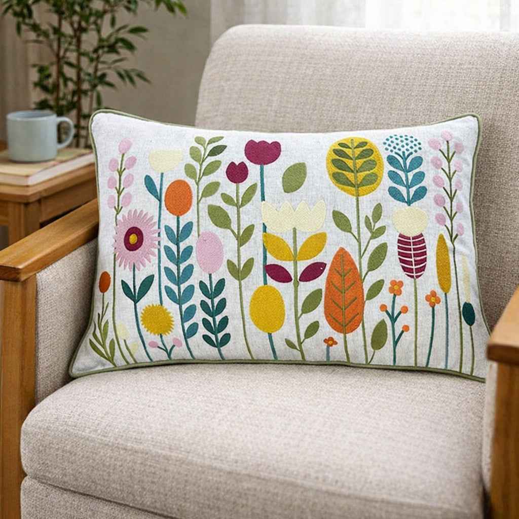 Midsummer Embroidered Cushion in Linen