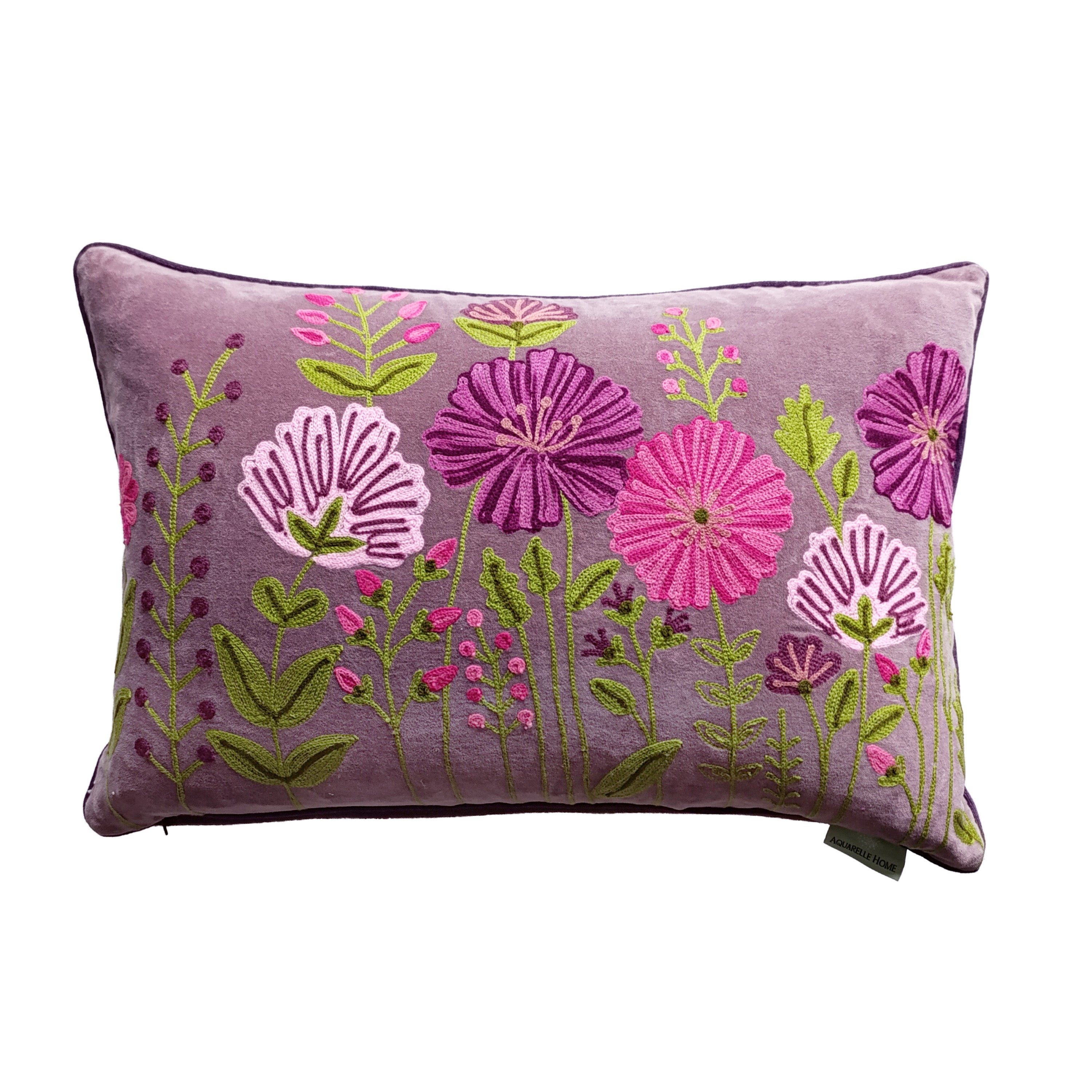 Arbour Velvet Embroidered Cushion Heather - WowCornwall