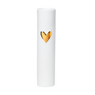 White cylindrical product with a gold heart-shaped emblem on a white background