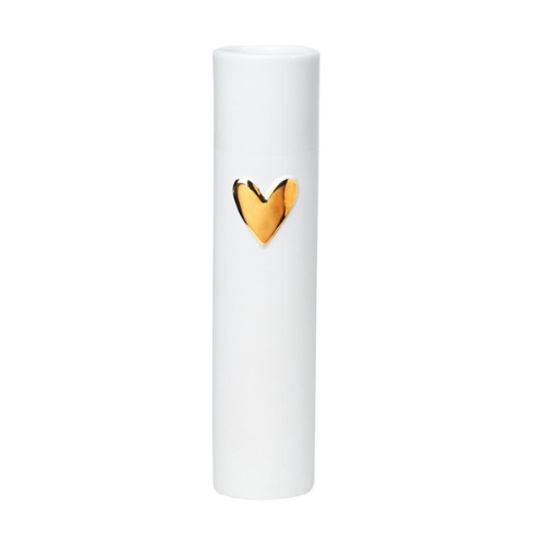 White cylindrical product with a gold heart-shaped emblem on a white background
