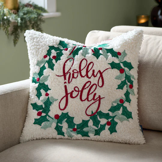Holly Wreath Embroidered Cushion - WowCornwall