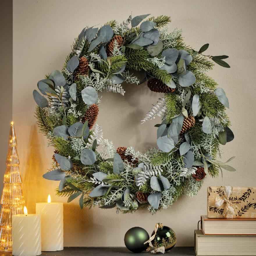 Silver Leaves and Pinecones Christmas Wreath, two sizes