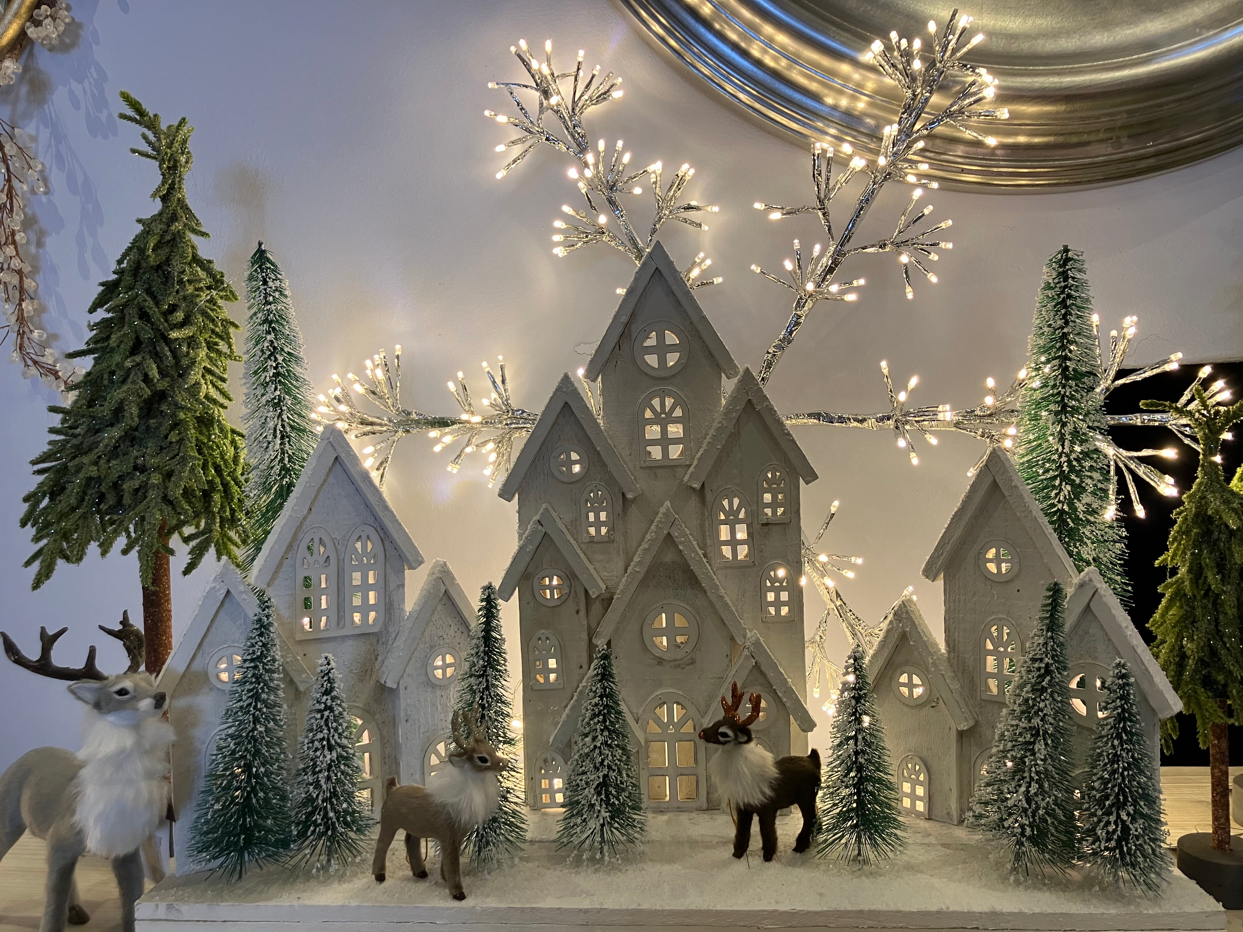 White/Green LED Snowy Village Scene Decoration - WowCornwall