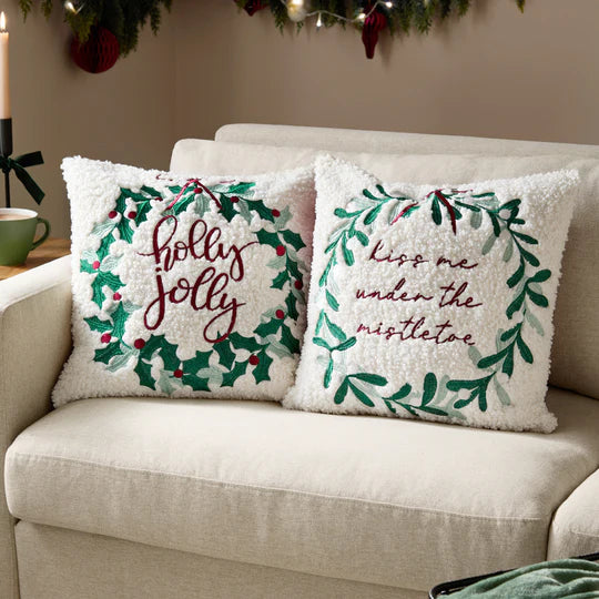 Mistletoe Wreath Embroidered Cushion - WowCornwall