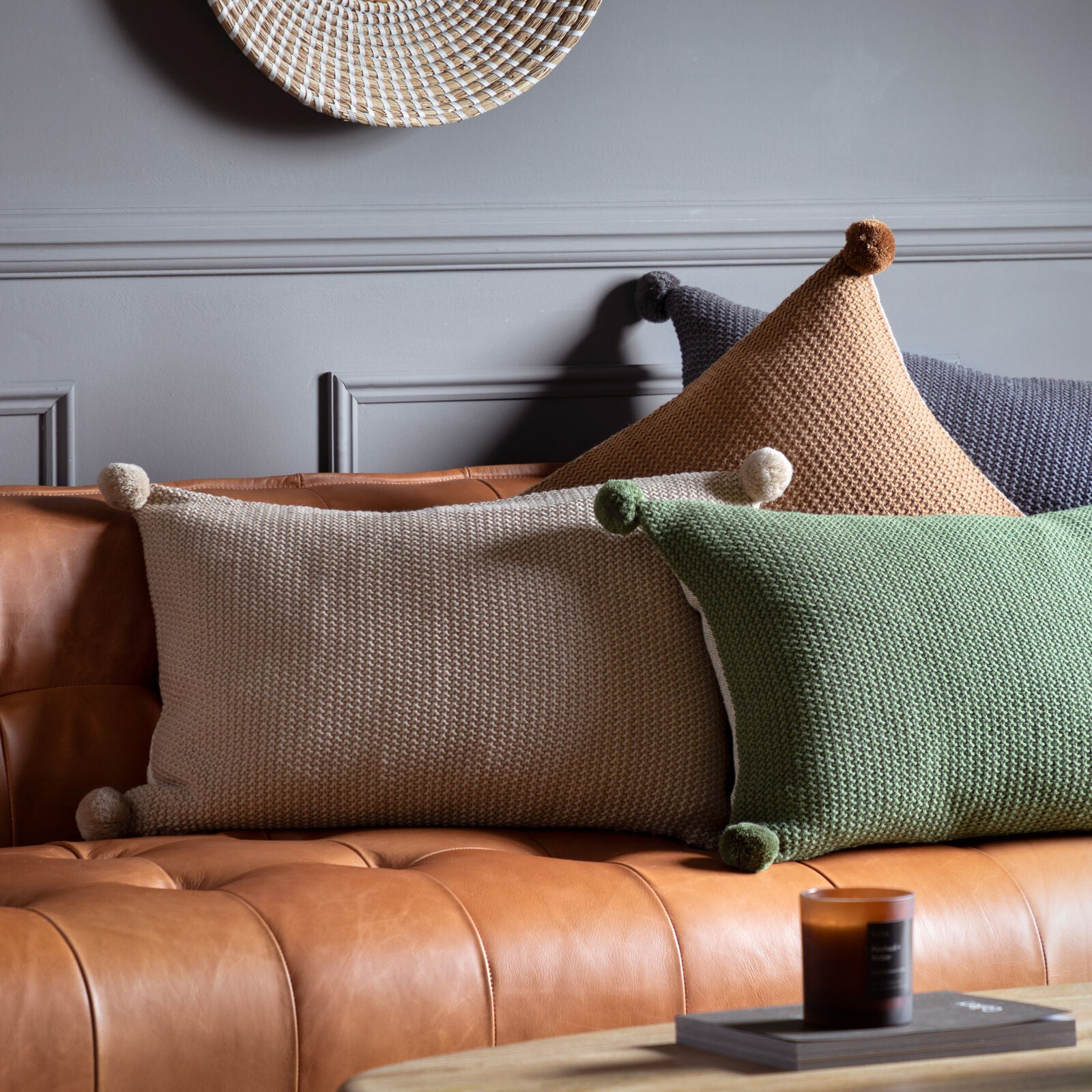 Moss Stitch PomPom Cushion Cover Natural