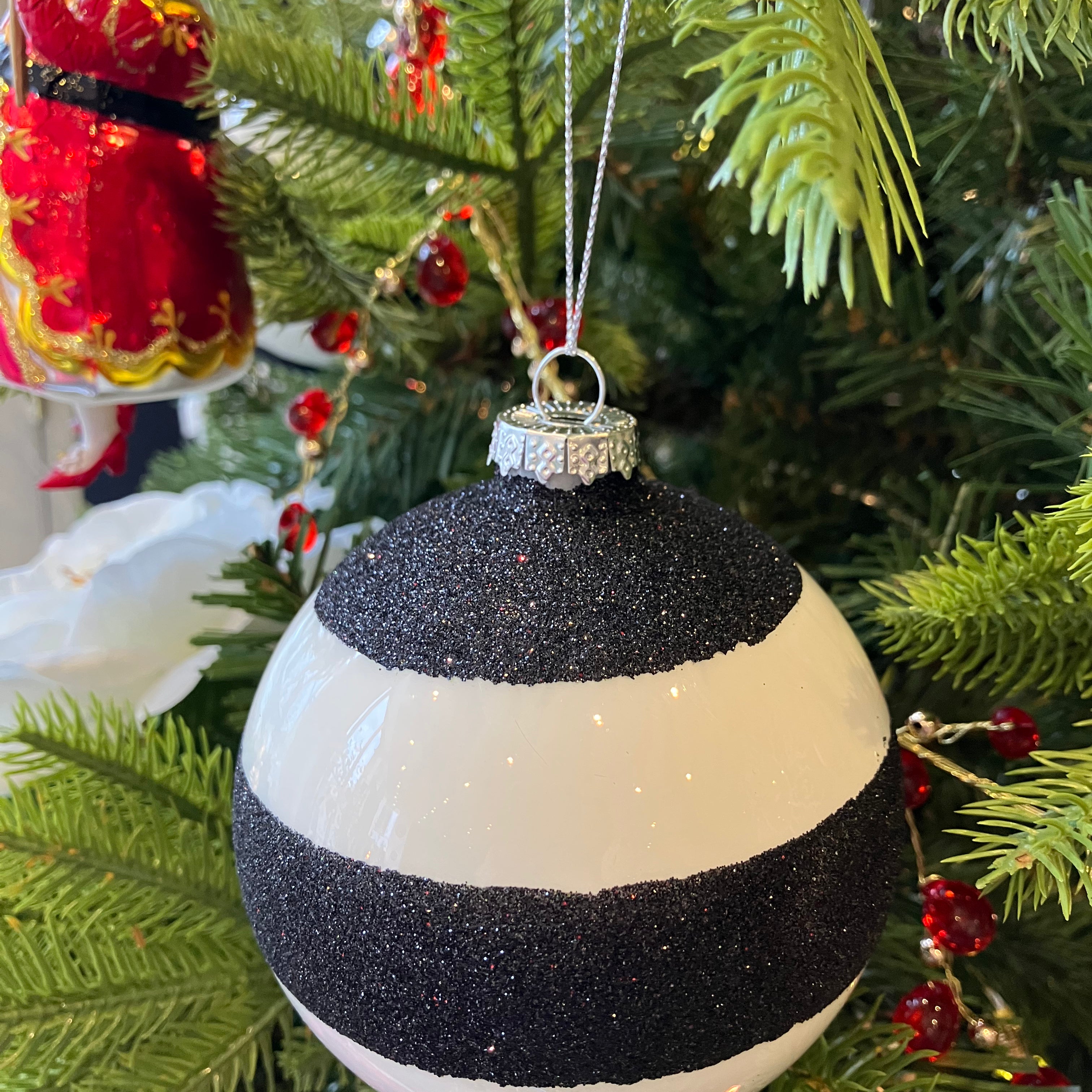 Black/White Stripe Bauble Decoration - WowCornwall