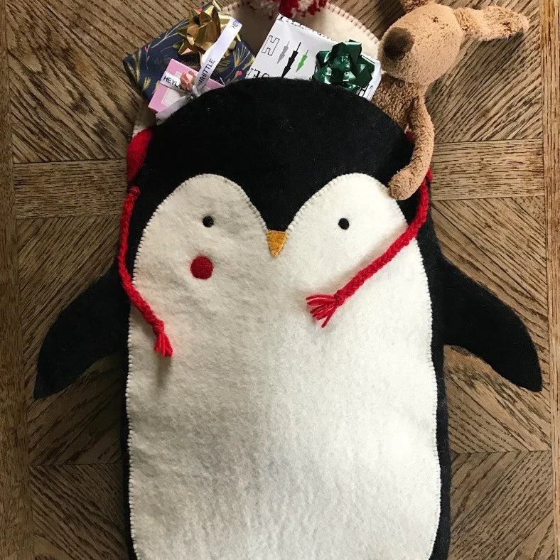 Penguin Stocking, with red hat,made by hand using organic felt, with hanging loop - WowCornwall