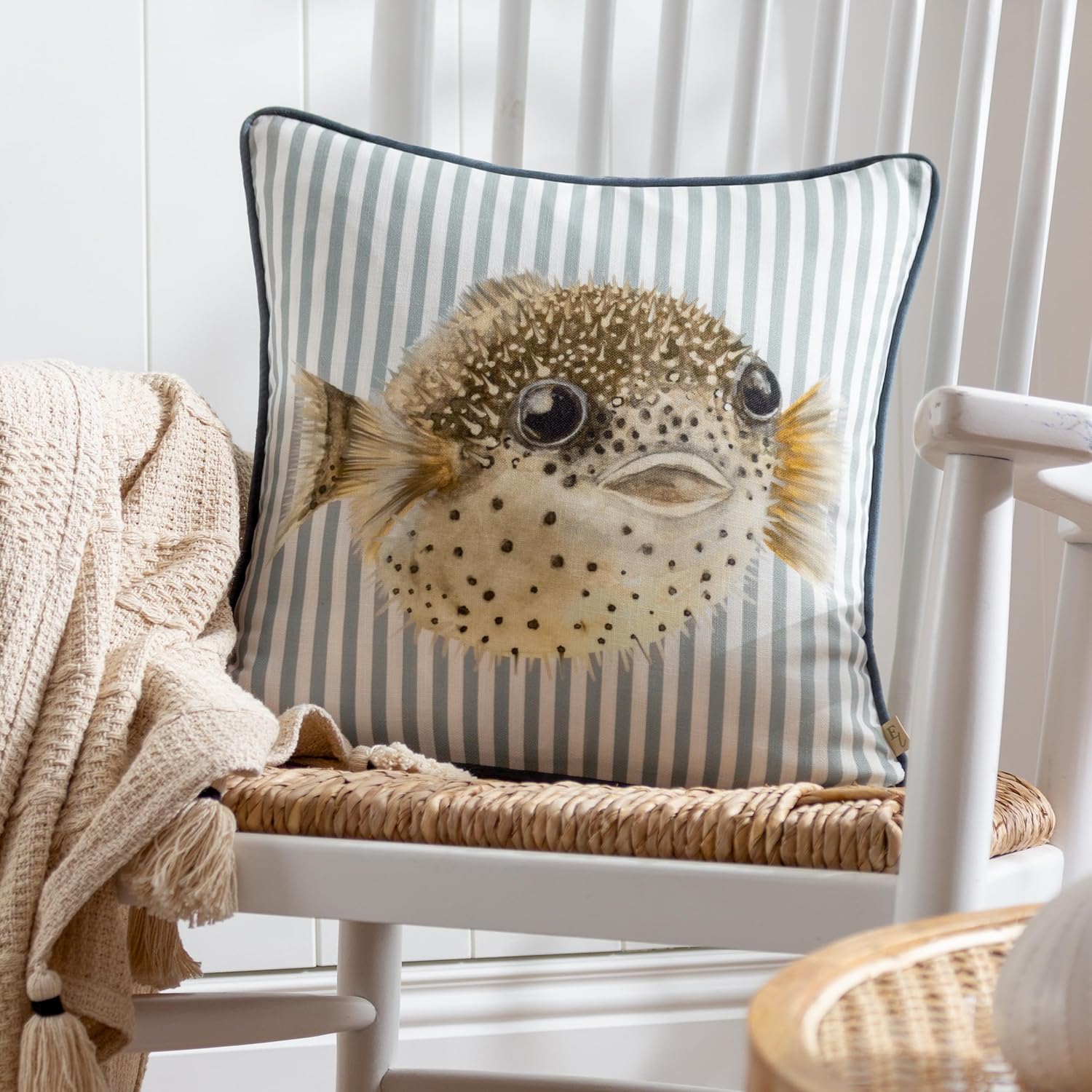 Salcombe Pufferfish Piped Cushion - WowCornwall