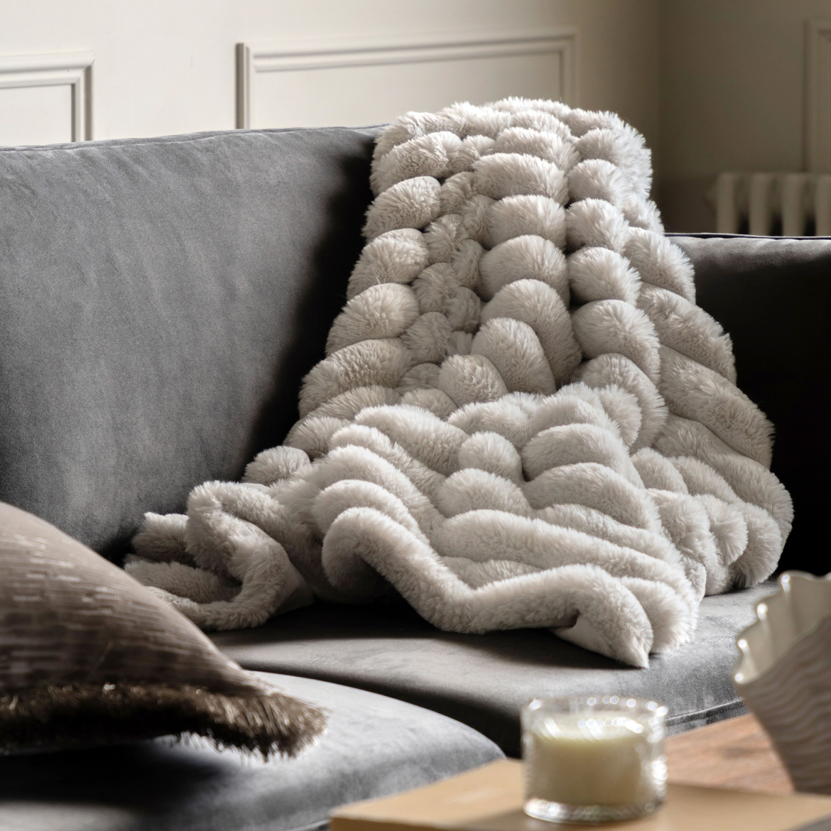 Ribbed Faux Fur Throw - Natural - WowCornwall