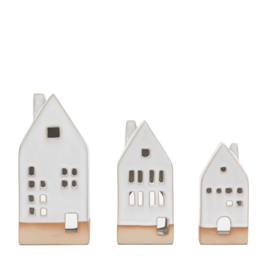 Pearly White Ceramic Tealight Houses 3pk - WowCornwall