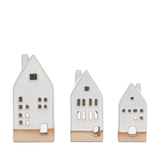 Pearly White Ceramic Tealight Houses 3pk - WowCornwall