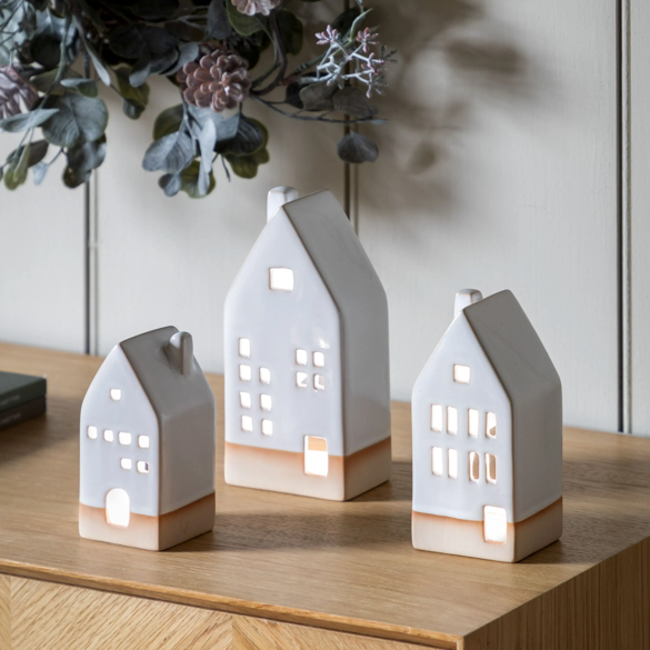 Pearly White Ceramic Tealight Houses 3pk - WowCornwall