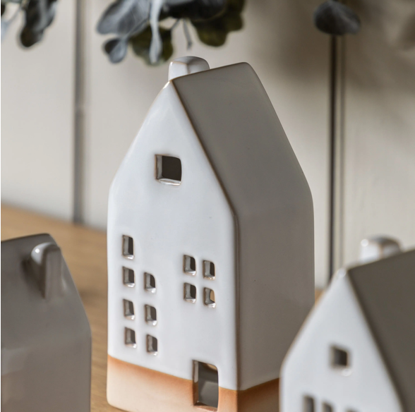 Pearly White Ceramic Tealight Houses 3pk - WowCornwall