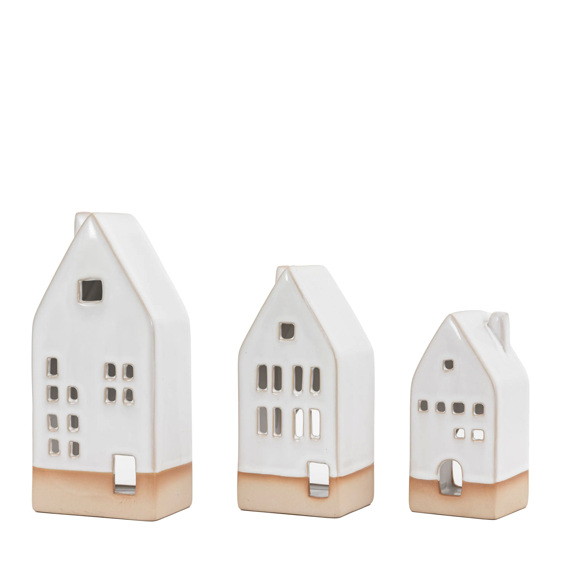 Pearly White Ceramic Tealight Houses 3pk - WowCornwall
