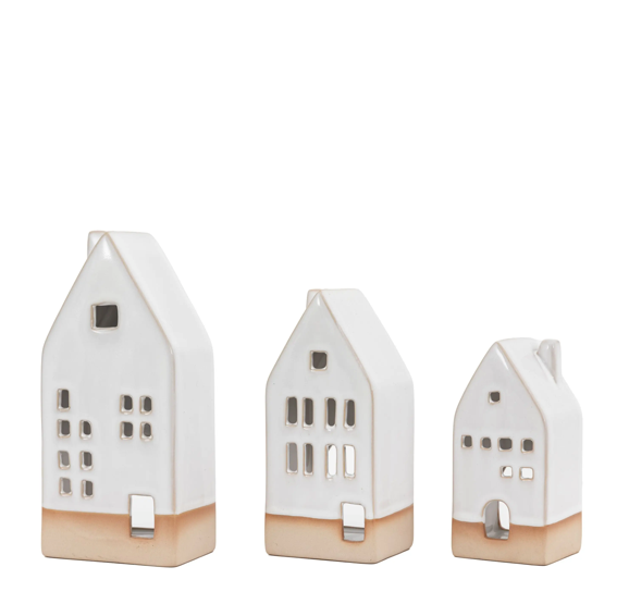 Pearly White Ceramic Tealight Houses 3pk - WowCornwall
