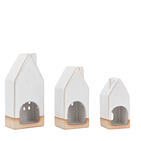 Pearly White Ceramic Tealight Houses 3pk - WowCornwall